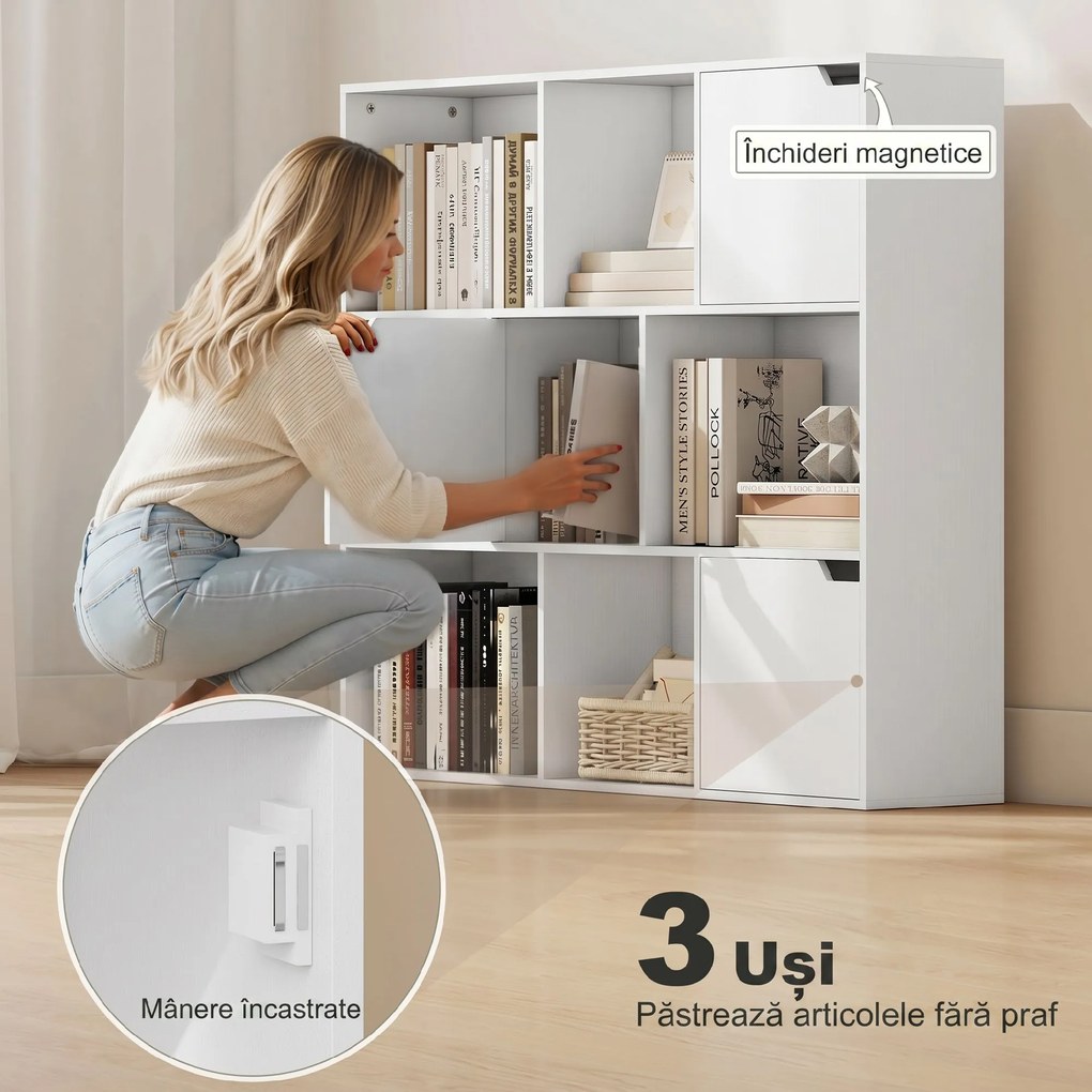 HOMCOM Bibliotecă cu Cuburi cu 6 Secțiuni Deschise și 3 Închise din Lemn Alb | Aosom Romania