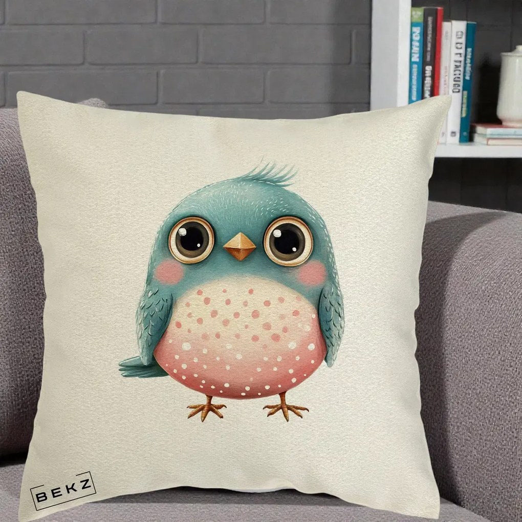 Perna Decorativa Pasare Teal-Roz cu Pete, 40x40 cm, Ecru, Husa Detasabila, Perna Inclusa, BEKZ®