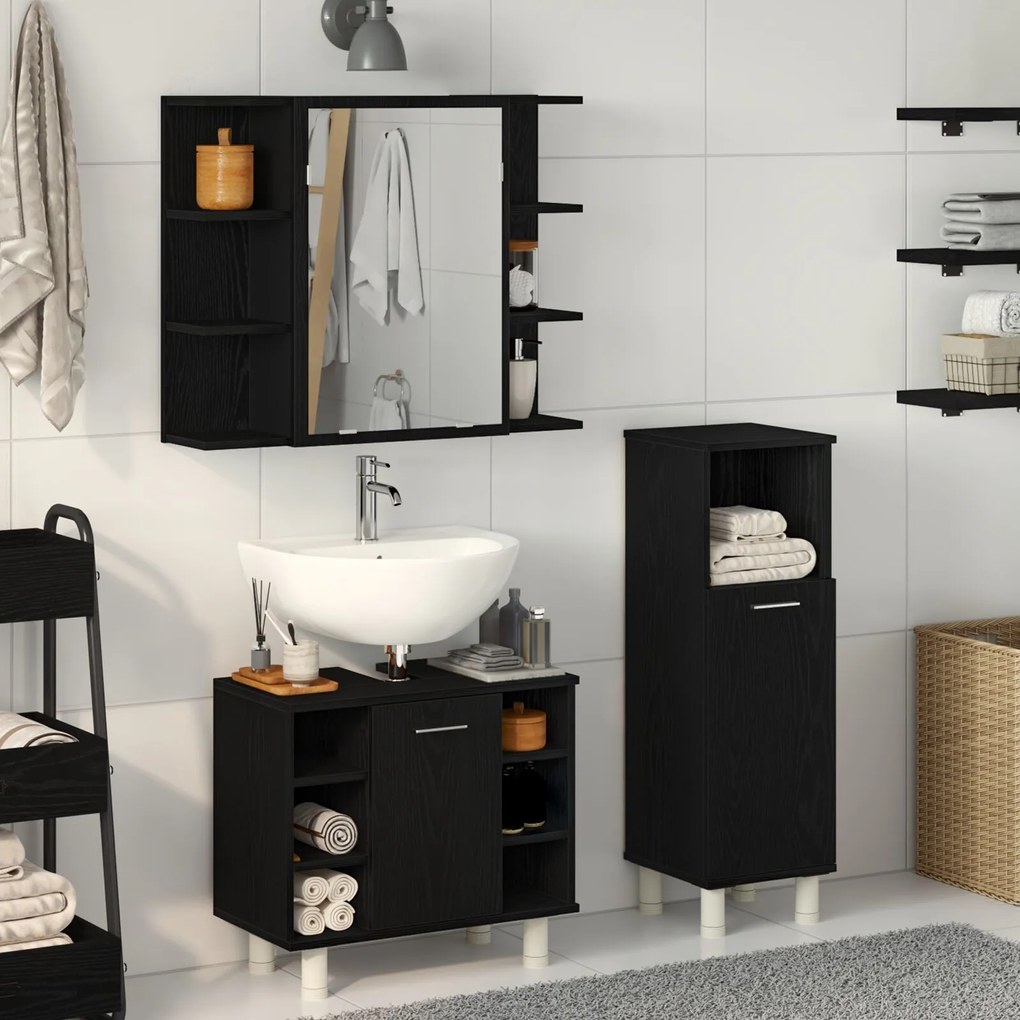 vidaXL Set de mobilă pentru baie 3 piese din lemn ingineresc stejar negru