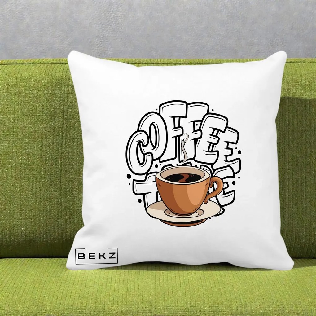 Perna Personalizata COFFEE cu Cana, 40x40 cm, Alba Mata, Husa Detasabila, Perna Inclusa, BEKZ®