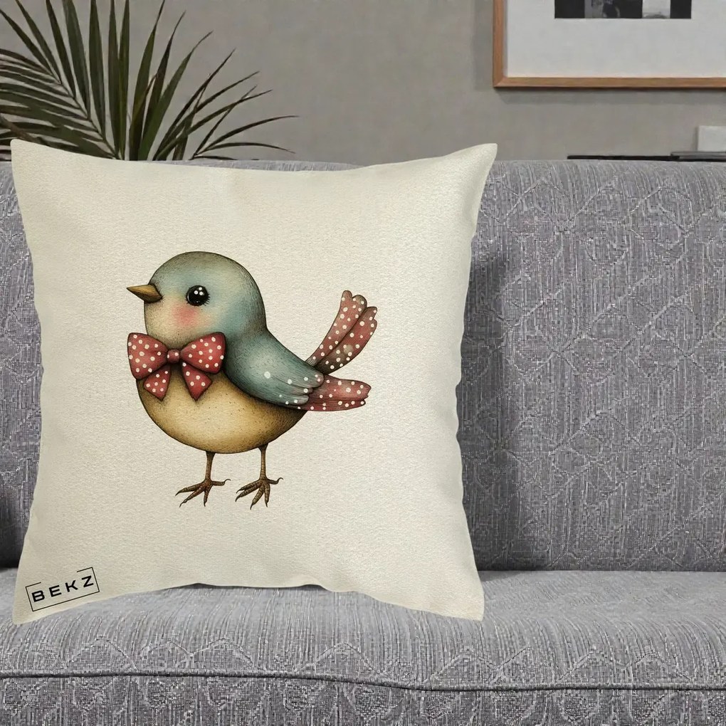 Perna Decorativa Pasare Bleu cu Fundita Rosie, 40x40 cm, Ecru, Husa Detasabila, Perna Inclusa, BEKZ®