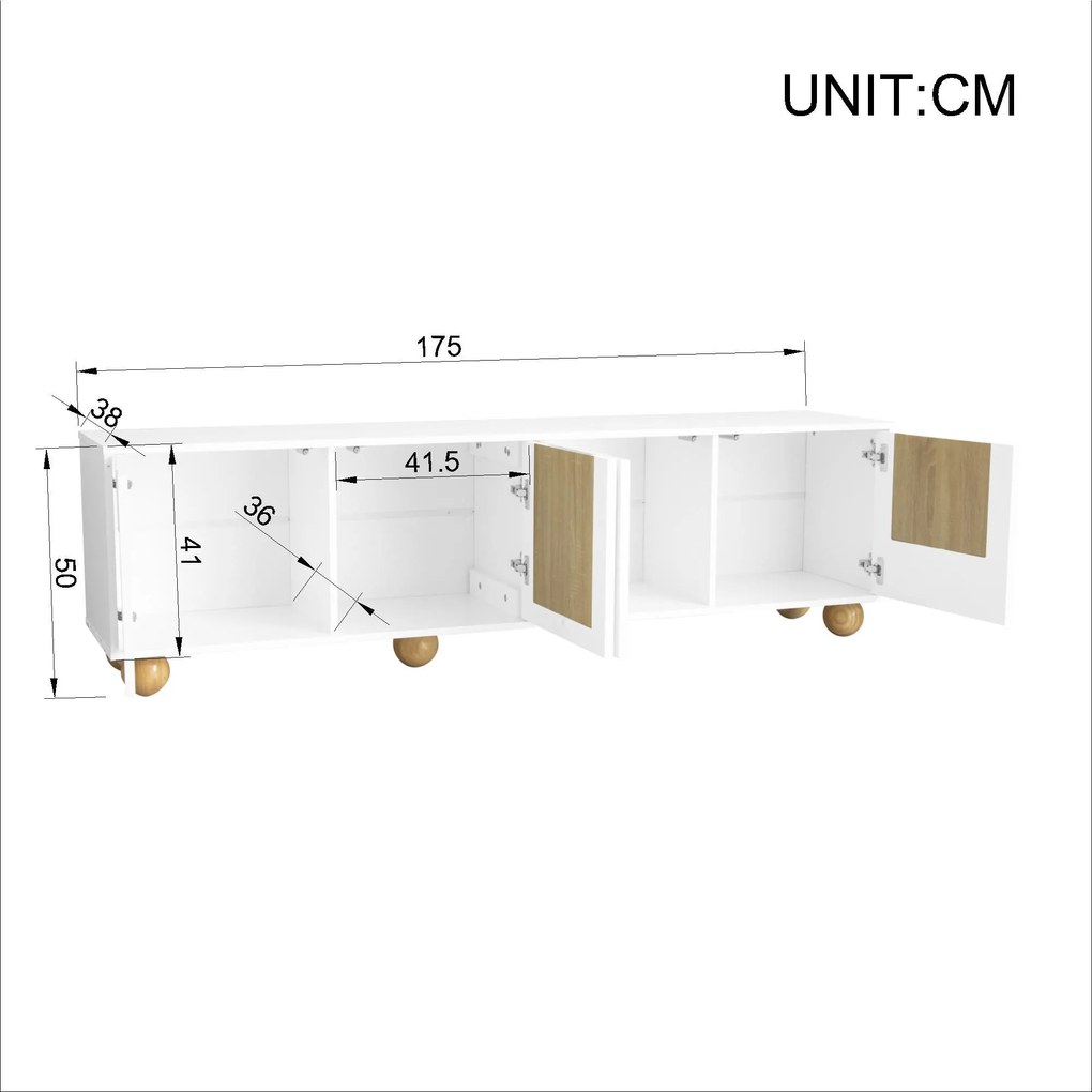 Comodă TV cu 4 uși, design minimalist cu aspect de lemn și finisaj alb, 175x38x50 cm, Culoare naturală+Alb