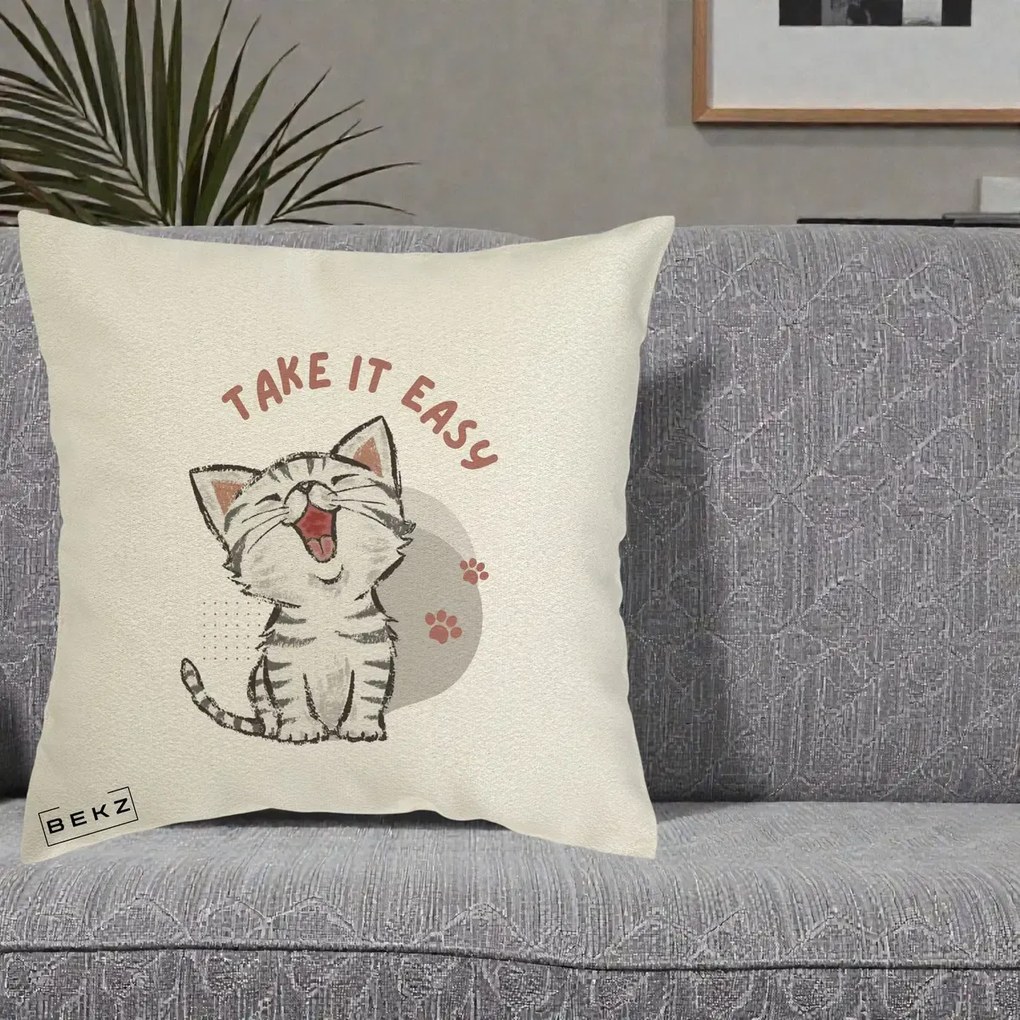 Perna Personalizata Take It Easy Cat, 40x40 cm, Ecru, Husa Detasabila, Perna Inclusa, BEKZ®