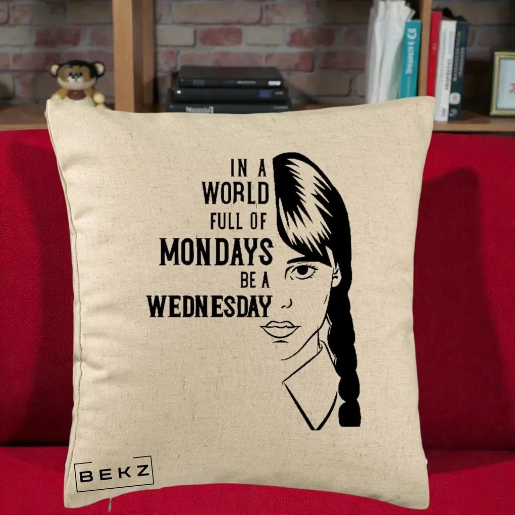 Perna Personalizata Wednesday Be a Wednesday, 40x40 cm, Bej, Husa Detasabila, Perna Inclusa, BEKZ®