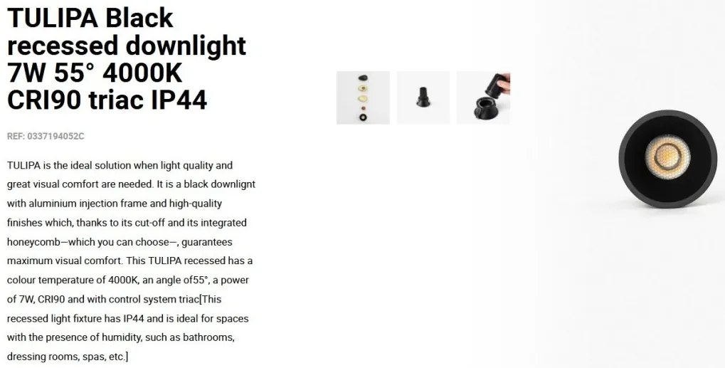 Spot LED incastrabil TULIPA Black recessed downlight 7W 55° 4000K CRI90 triac IP44