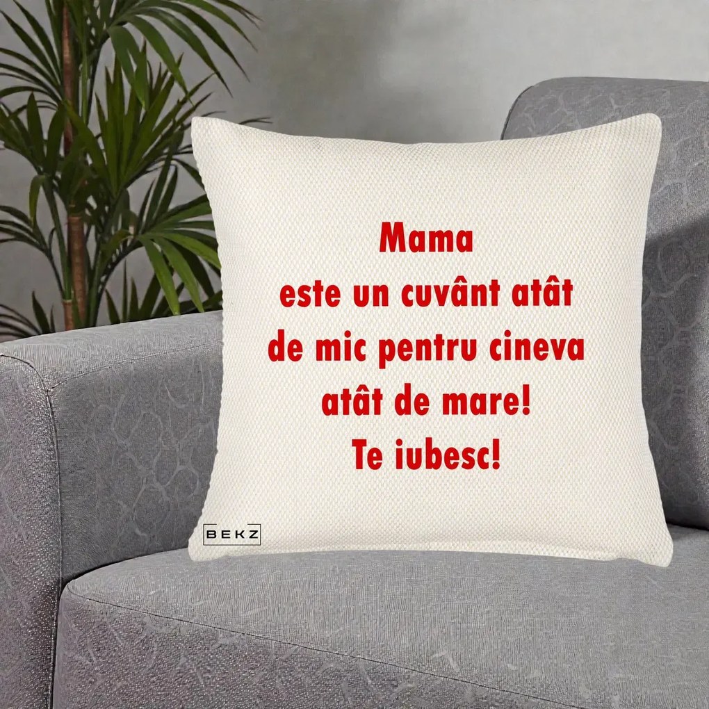 Cadou pentru Mama - Perna Personalizata Mama Cuvant Mic, 40x40 cm, Crem Reliefat, Husa Detasabila, Perna Inclusa, BEKZ®