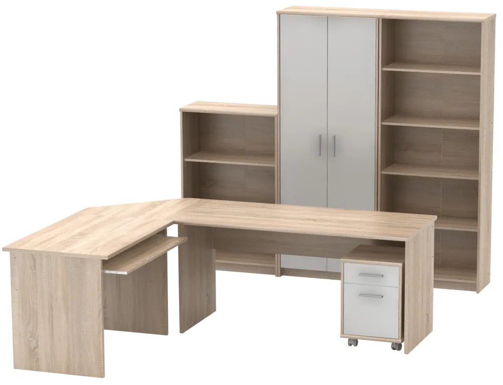 Set mobilier de birou complet ,stejar sonoma alb , dulapuri,  birou pe colt, rollbox, Bortis