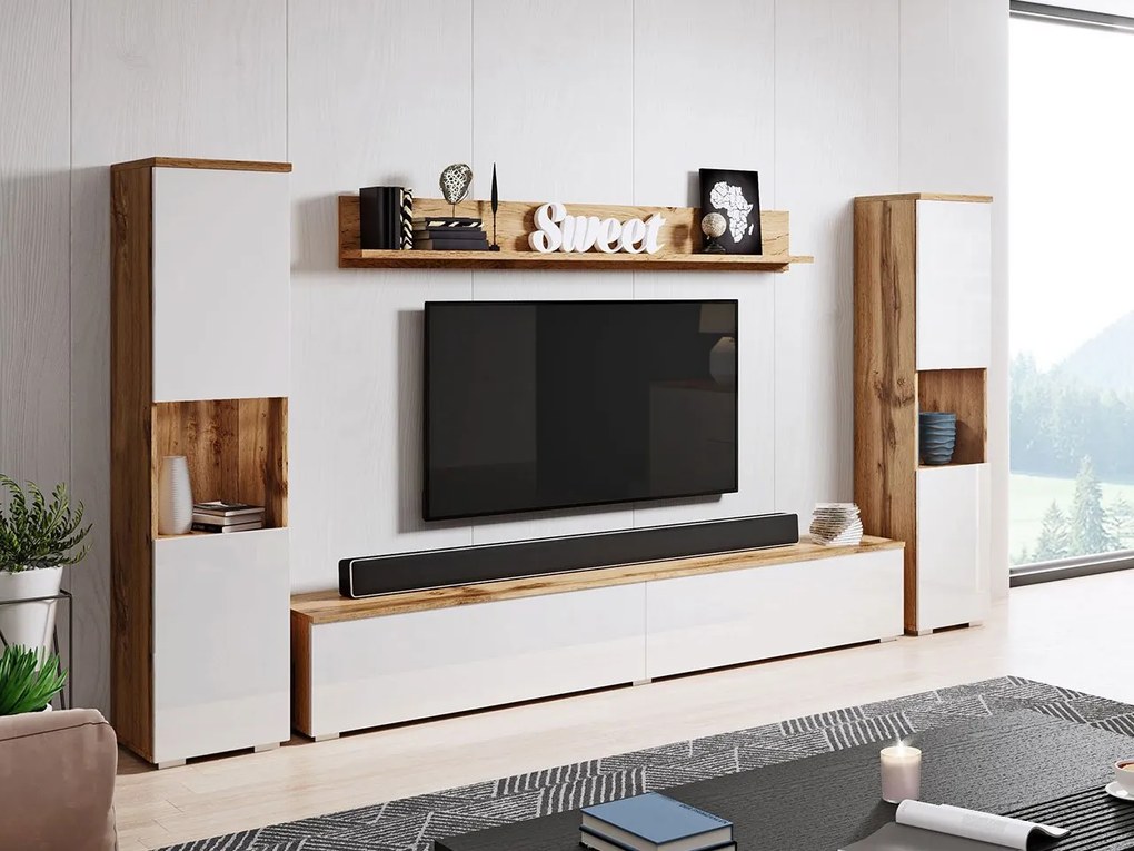 Mobilier living Nova XL (Stejar wotan + Alb lucios) (fără iluminat). 1060055