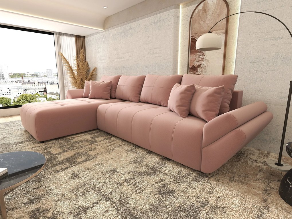 Colțar extensibil dumonde cu ladă de depozitare si sezut confortabil din spuma high-density, Berlin XL Royal Roz 350x185 cm