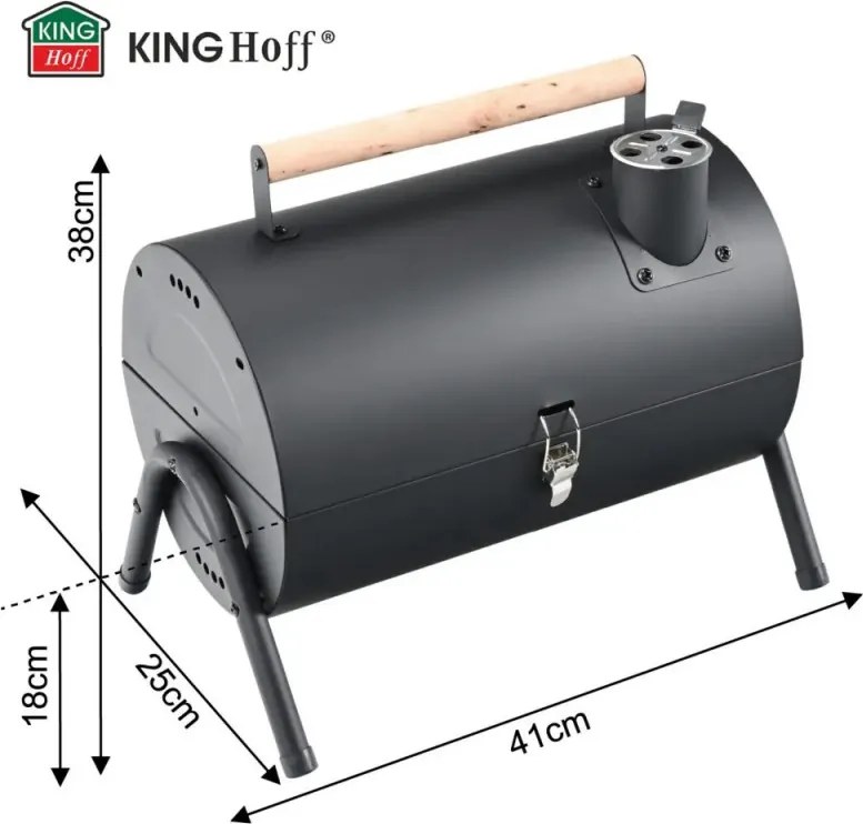 Gratar pe cаrbuni Kinghoff KH 2032, Portabil, Ventilatie reglabila, Deschidere la 180°, Capac cu sistem de blocare, Otel, Negru
