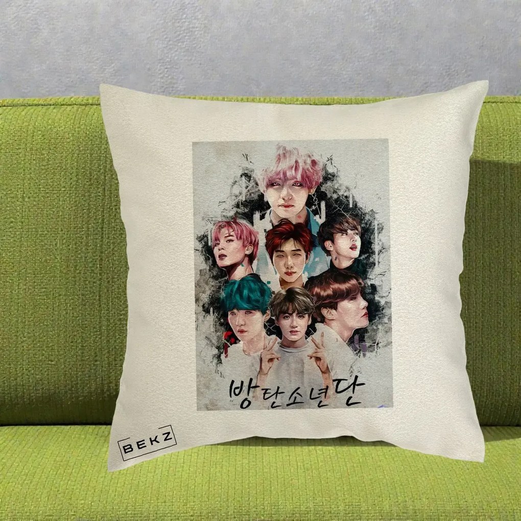Perna Personalizata K-pop BTS Bangtan Boys Poster Artistic Negru Alb, 40x40 cm, Ecru, Husa Detasabila, Perna Inclusa, BEKZ®