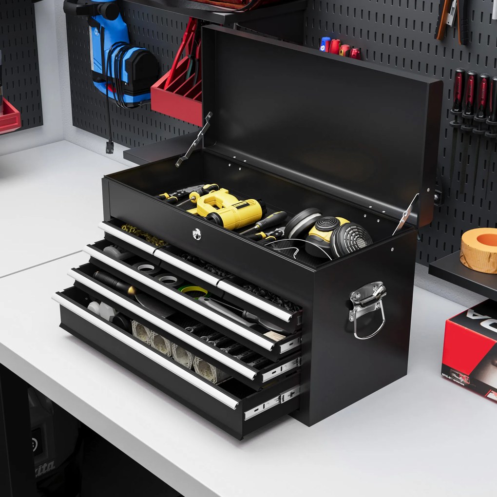 HOMCOM Comodă pentru Scule Portabilă, Cutie Metalică cu Carcasă Superioară și Glisiere pe Rulmenți cu Bile, 60x26x34 cm, Negru | Aosom Romania