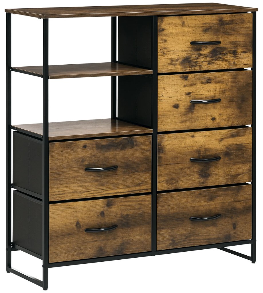 HOMCOM Comodă Pliabilă cu 6 Sertare, 2 Rafturi Deschise din Material și Picioare Reglabile, 84x30x92 cm, Maro Rustic | Aosom Romania