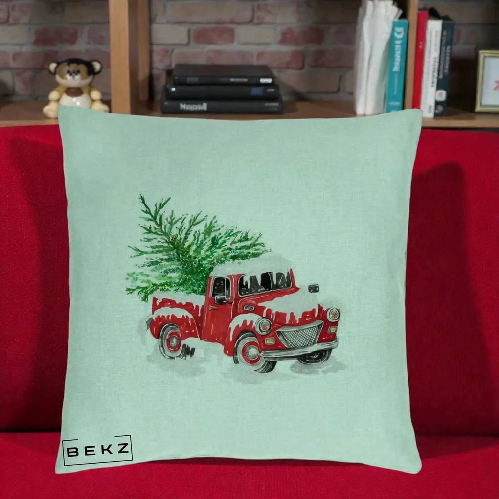 Perna Decorativa Camioneta Rosie Brad de Craciun, 40x40 cm, Verde Menta, Husa Detasabila, Perna Inclusa, BEKZ®