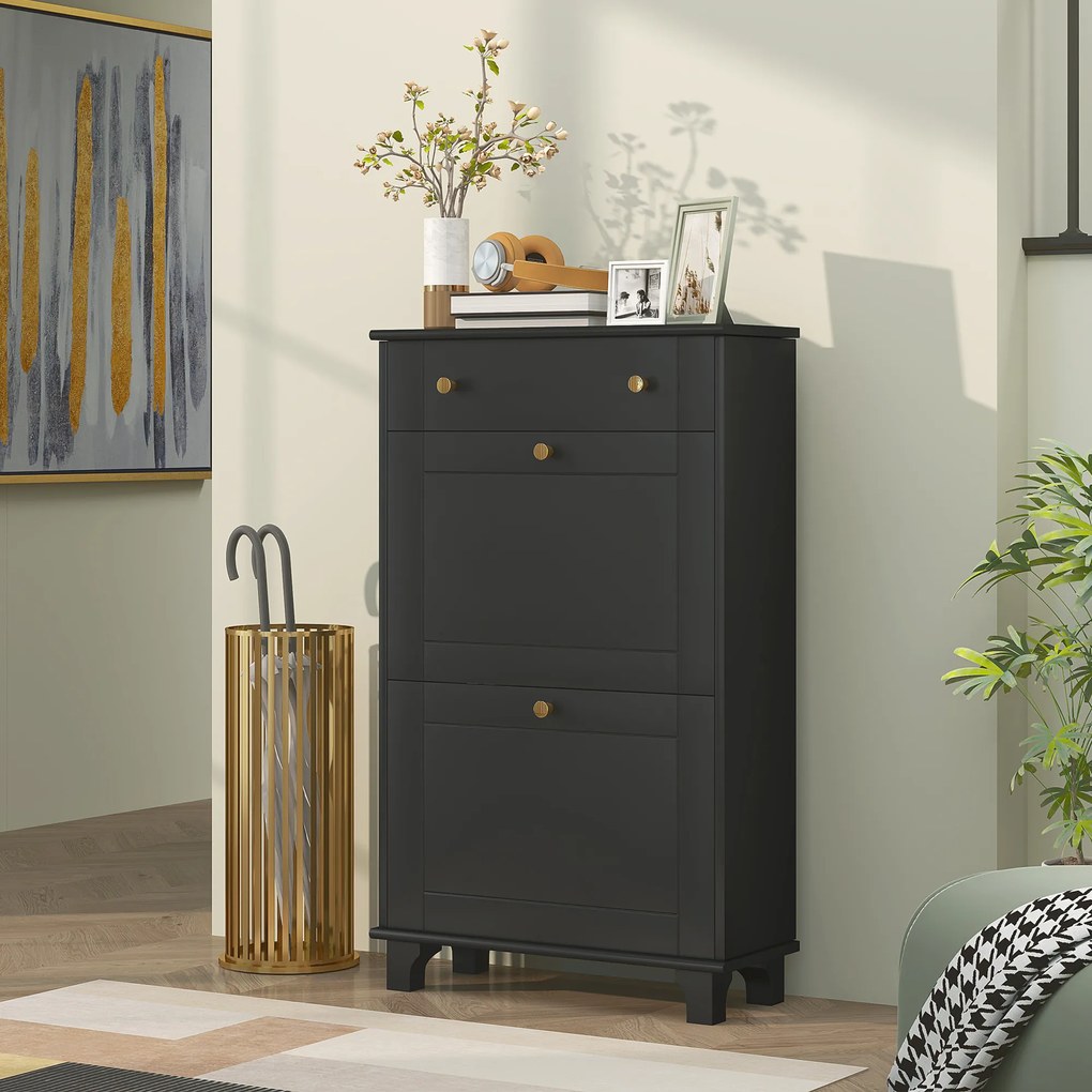 HOMCOM Dulap pentru pantofi îngust cu sertare cu uși basculante și raft reglabil, 60 x 23,5 x 98,5 cm, negru | Aosom Romania