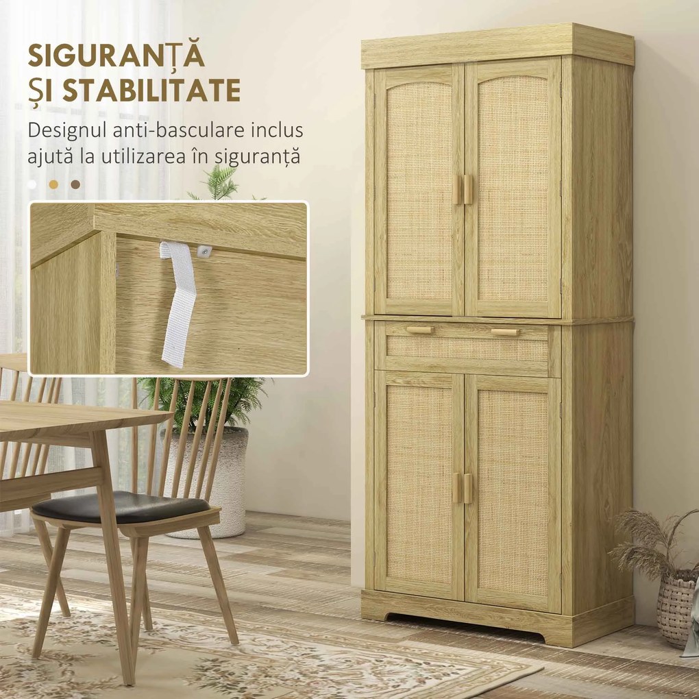 HOMCOM Dulap Bucătărie 76×40×183 cm cu 2 Uși și Sertar, Rafturi Condimente, Stejar | Aosom Romania