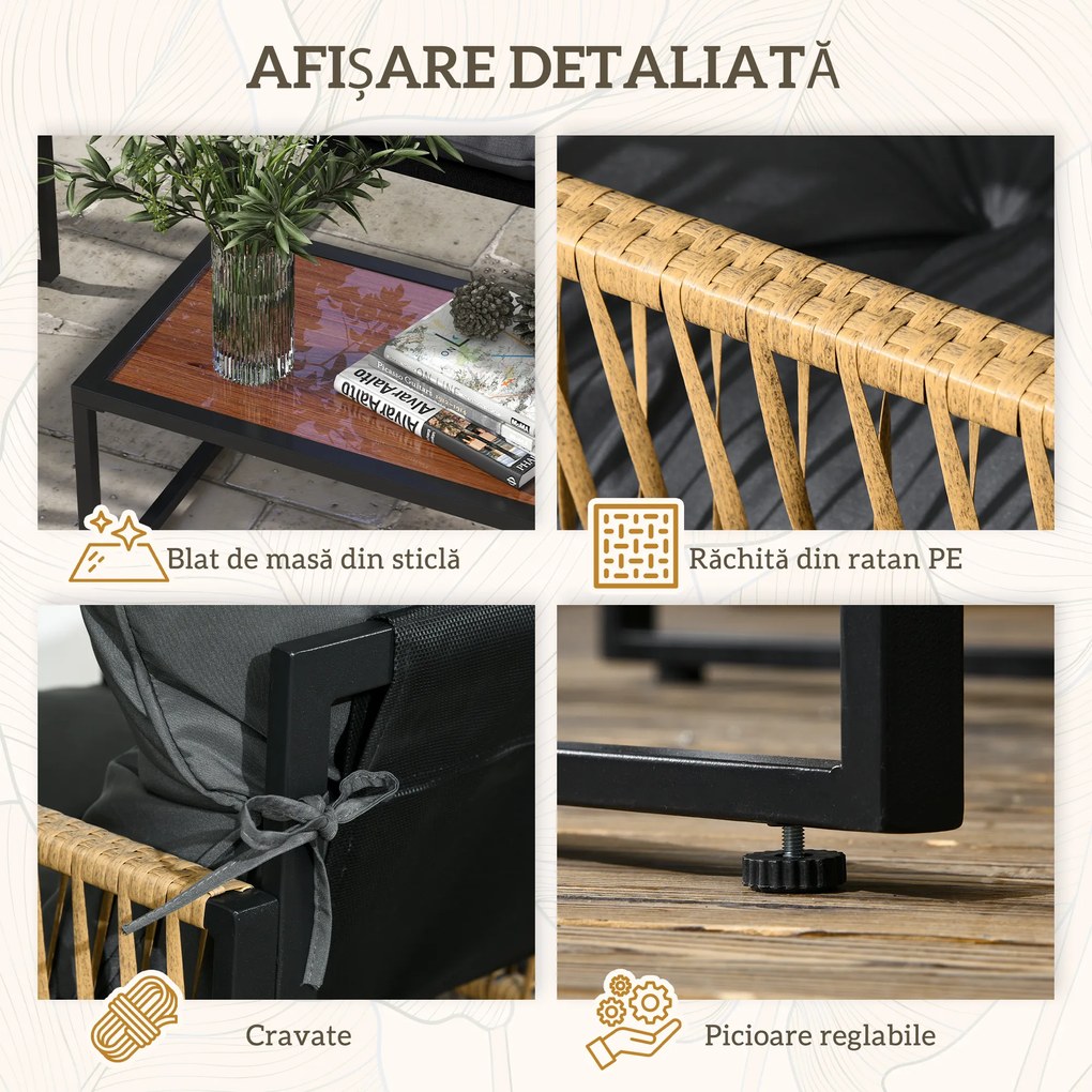 Outsunny Set de Mobilier de Grădină din 4 Piese PE Rattan cu Canapea Dublă, Fotoliu, Măsuță de Cafea din Sticlă, 106x70x72 cm, Gri