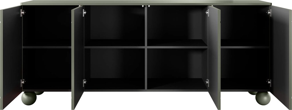 Comodă Sonatia II 200 cm cu patru uși - verde măsliniu / picioare sferice