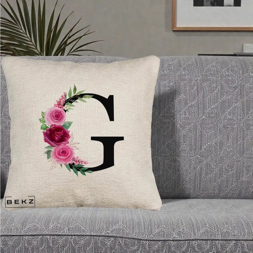 Cadou Personalizat - Perna Personalizata Monograma Florala Litera G, 40x40 cm, Bej Canapea, Husa Detasabila, Perna Inclusa, BEKZ®