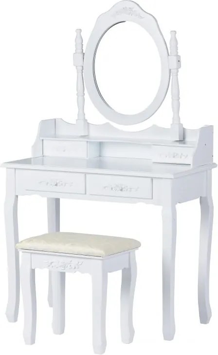 Set Masa Toaleta pentru Machiaj cu Oglinda Ovala si Sertare + Scaun, Stil Modern, Culoare Alb