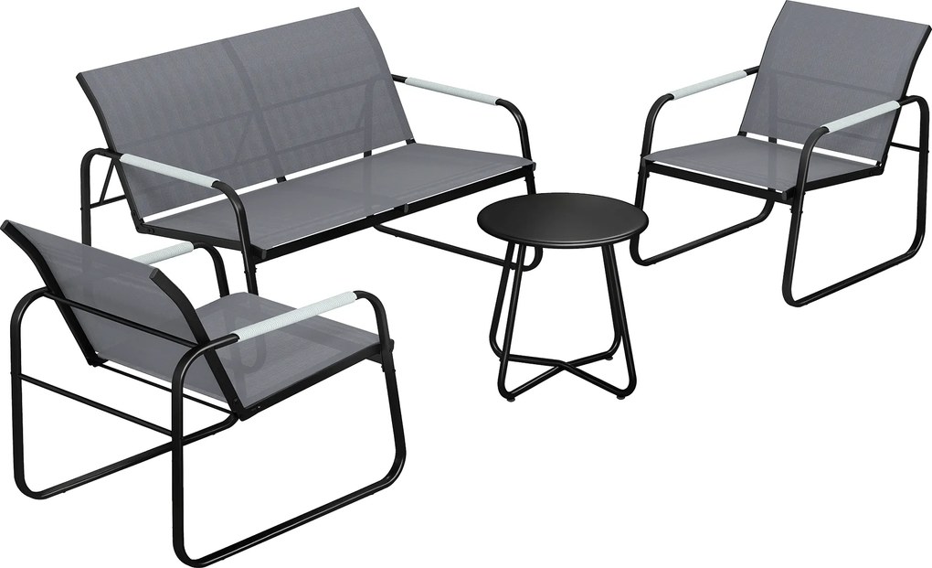 Outsunny Set mobilier grădină pentru 4 persoane, lounge respirant cu canapea 2 locuri, 2 fotolii, design tip sfoară, masă rotundă, picioare reglabile | Aosom Romania