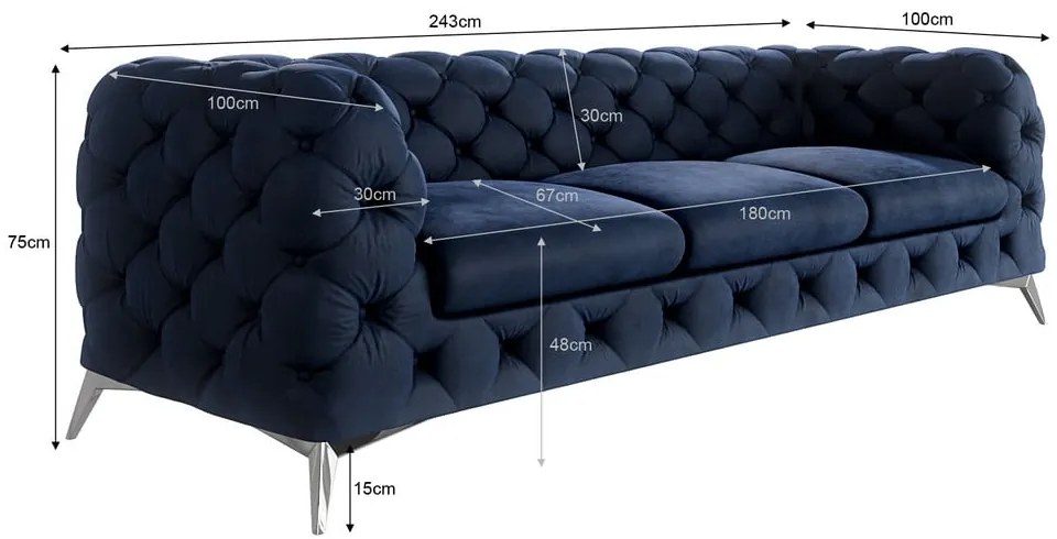 Canapea albastru-închis cu tapițerie din catifea 243 cm Chelsea – Ropez