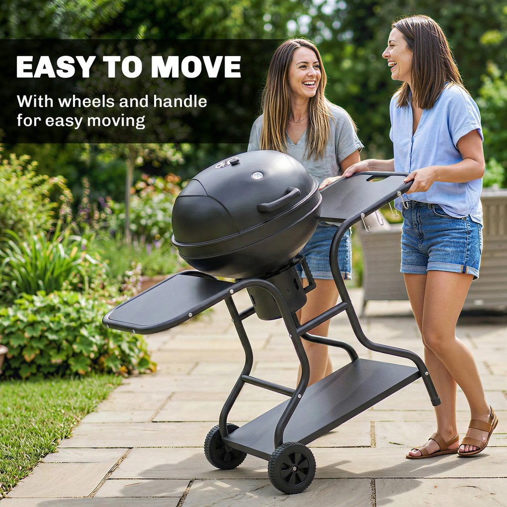 Outsunny Grătar pe cărbuni BBQ Smoker cu mese laterale, termometru în capac, roți 129 x 63,5 x 106,5 cm | Aosom Romania