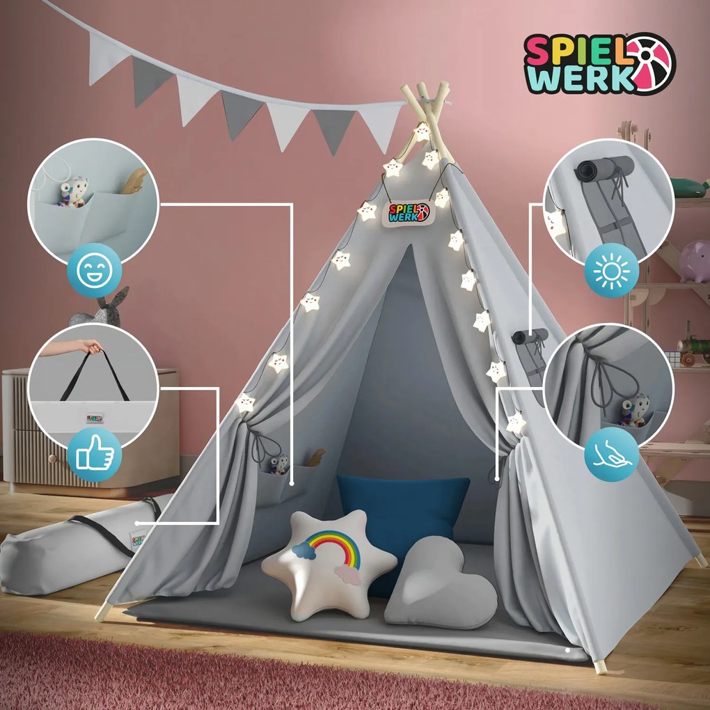 Cort tip teepee pentru copii JULIUS, 120x120x160cm, gri/albastru Spielwerk
