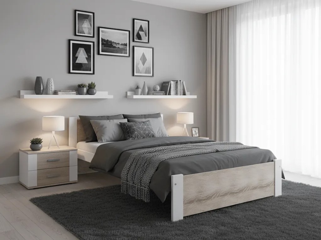 Pat de o persoana Ikaros, alb/stejar sonoma 90x200 cm Saltele: Cu saltele Coco Maxi 20 cm, Somiera pat: Cu lamele drepte