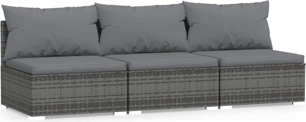 vidaXL Canapea cu 3 locuri, cu perne, gri, poliratan