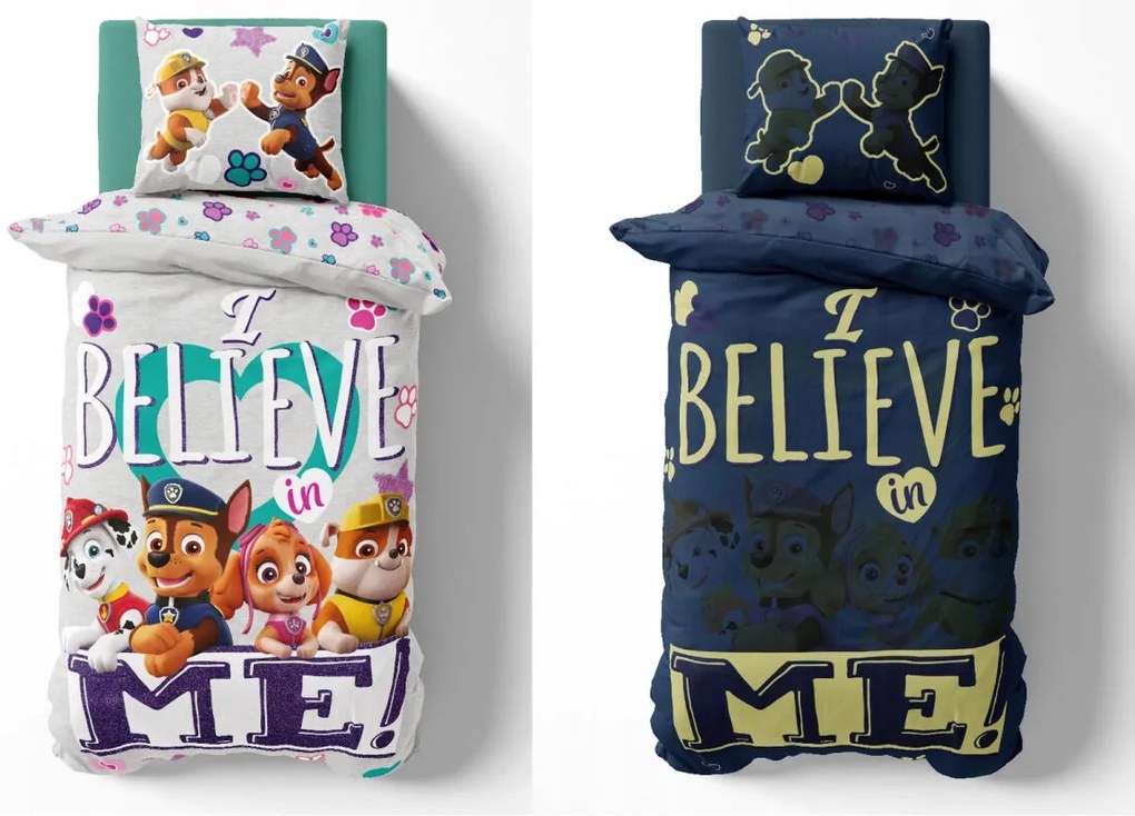 Lenjerie de pat luminoasa PAW PATROL Believe me gri Dimensiune lenjerie de pat: 70 x 80 cm | 140 x 200 cm