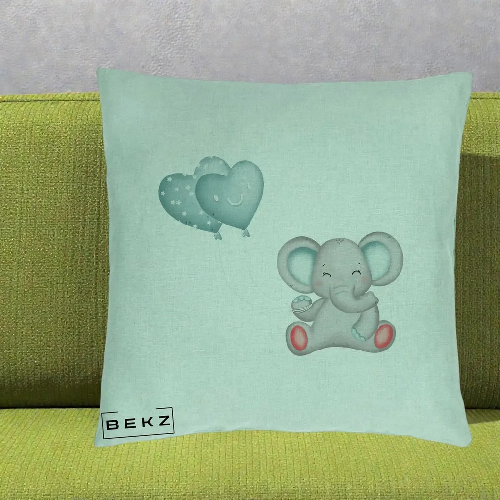 Perna Decorativa, Model Elefant si baloane in forma de inimioare, 40x40 cm, Verde Menta, Husa Detasabila, Perna Inclusa, BEKZ®