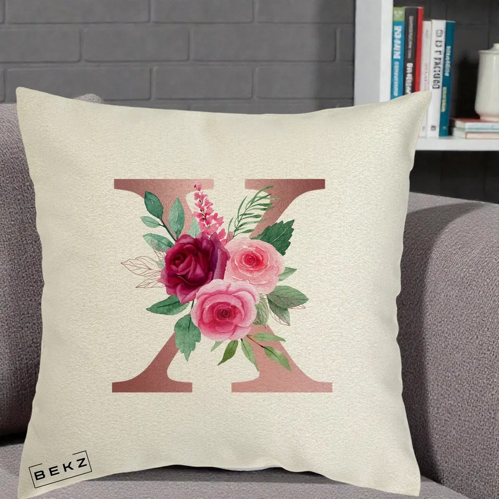 Cadou Personalizat - Perna Personalizata Monograma Rose Gold Litera X, 40x40 cm, Ecru, Husa Detasabila, Perna Inclusa, BEKZ®