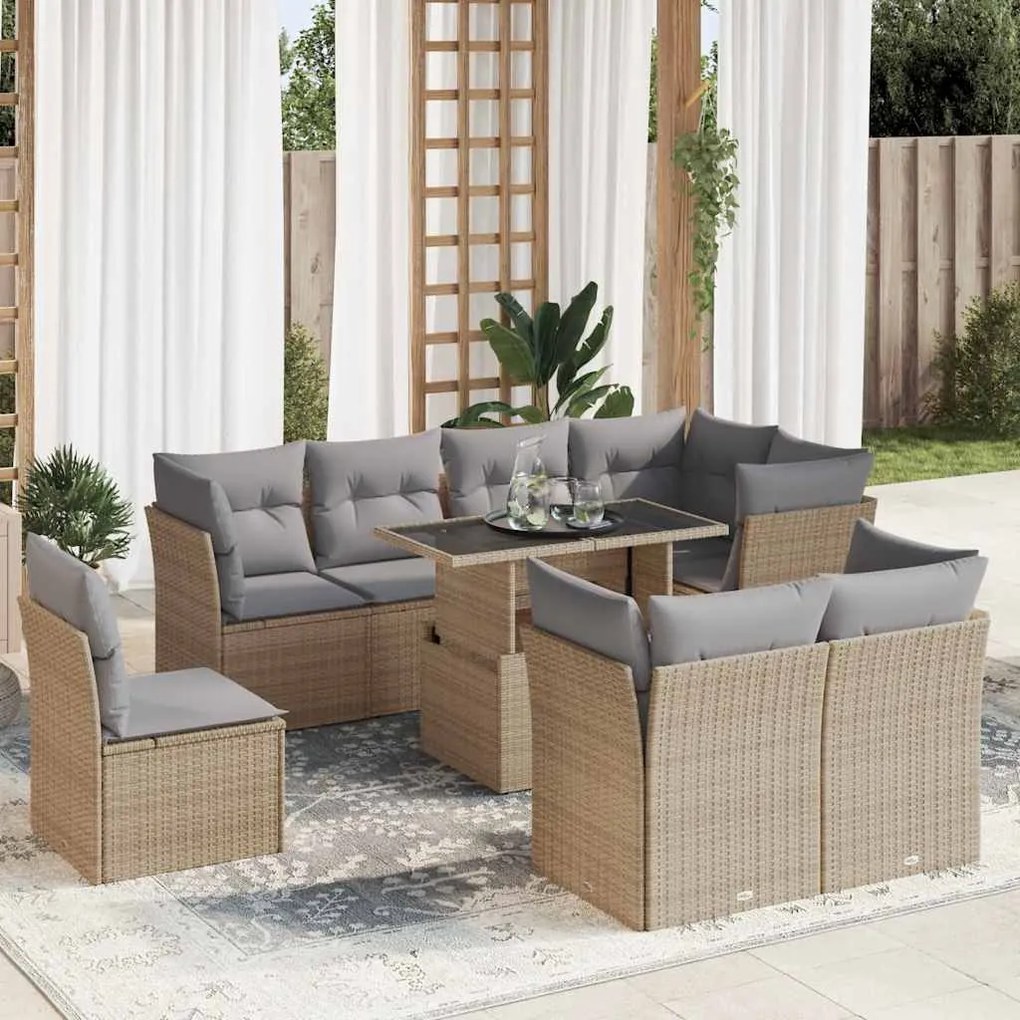 vidaXL Set canapele de grădină, 9 piese, cu perne, bej, poliratan