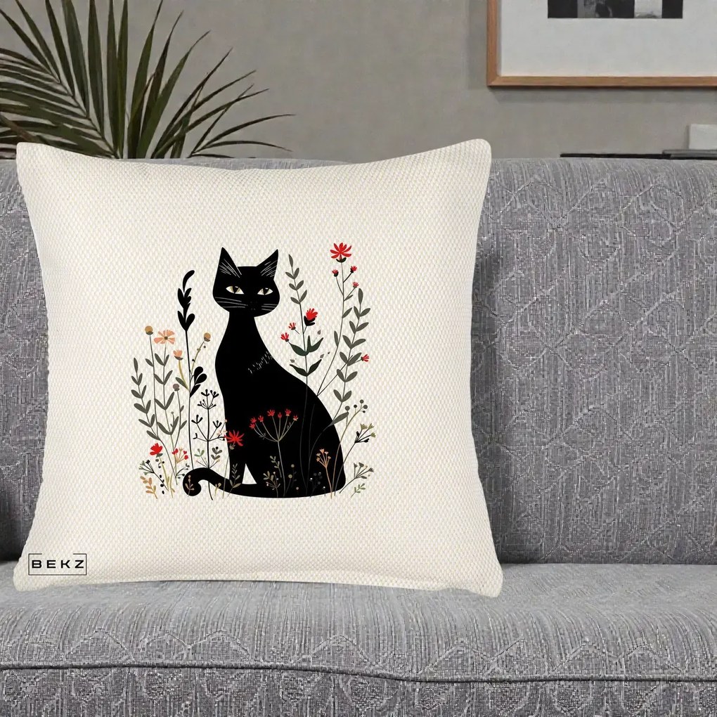 Perna Decorativa Pisica Neagra Botanica Rosu-Gri, 40x40 cm, Crem Reliefat, Husa Detasabila, Perna Inclusa, BEKZ®