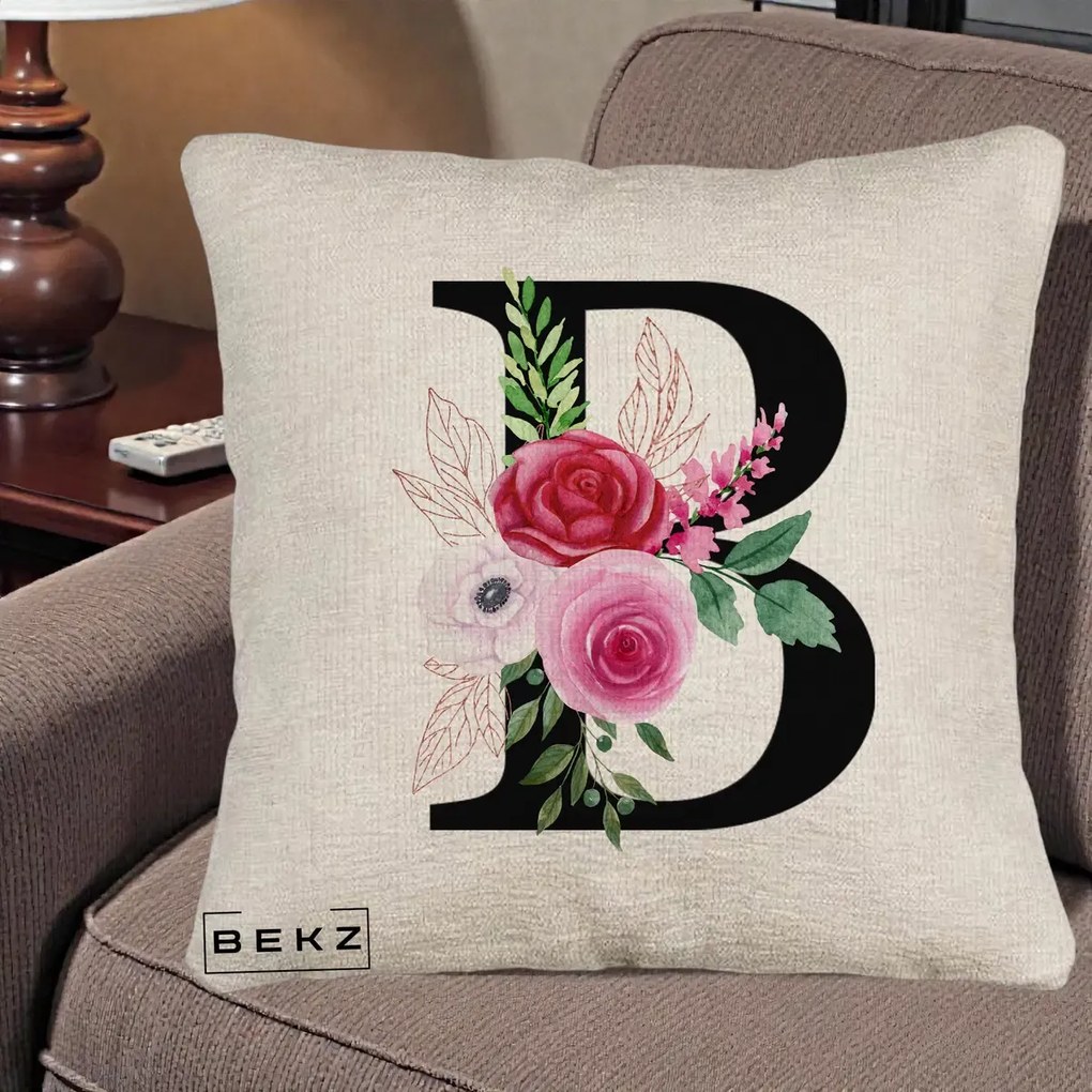 Cadou Personalizat - Perna Personalizata Monograma Florala Litera B, 40x40 cm, Bej Canapea, Husa Detasabila, Perna Inclusa, BEKZ®