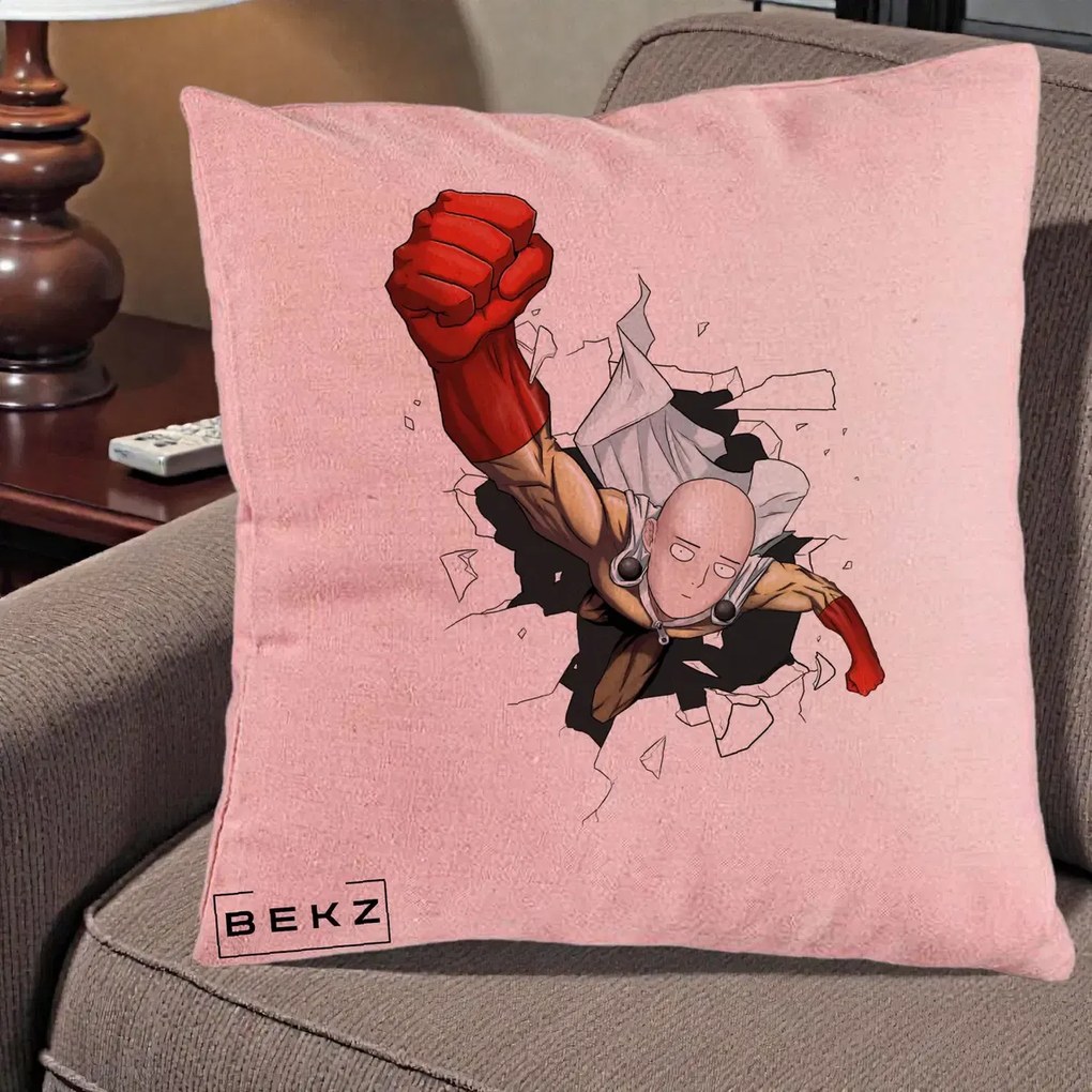 Perna Personalizata One Punch Man Saitama Pumn, 40x40 cm, Roz, Husa Detasabila, Perna Inclusa, BEKZ®