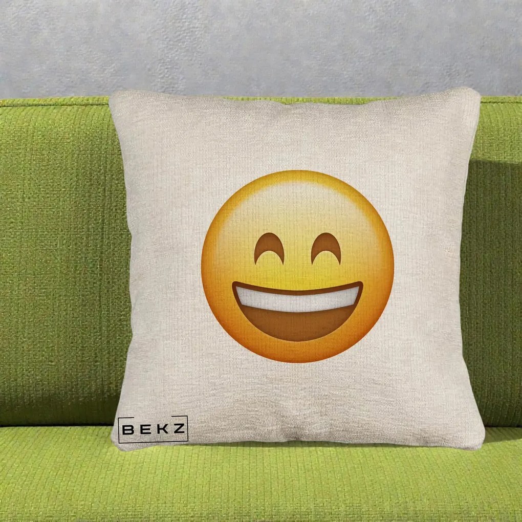 Perna Decorativa Emoji Zambet Mare, 40x40 cm, Bej Canapea, Husa Detasabila, Perna Inclusa, BEKZ®