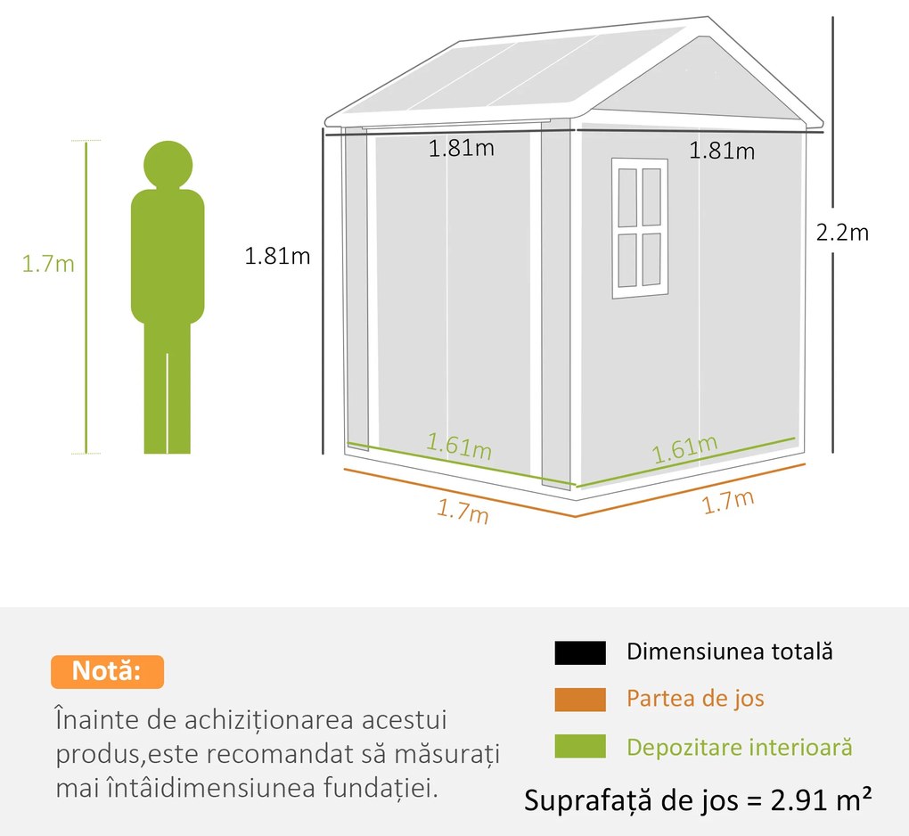 Outsunny Șopron de Grădină pentru Depozitare Unelte cu Pardosea, Două Uși și Încuietoare, 181x181x220 cm, Gri | Aosom Romania