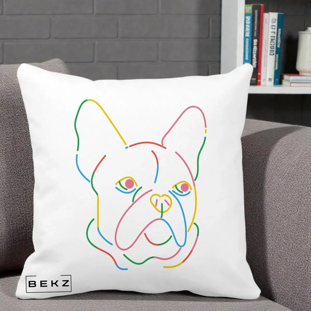 Perna Decorativa Bulldog Francez Line Art Curcubeu, 40x40 cm, Alba Mata, Husa Detasabila, Perna Inclusa, BEKZ®