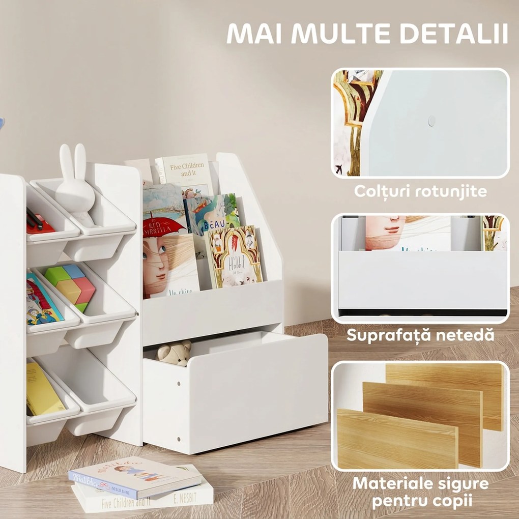 AIYAPLAY Raft pentru jucării cu 6 coșuri, 3 rafturi, din lemn, plastic și oțel, 100x30x80 cm, alb | Aosom Romania
