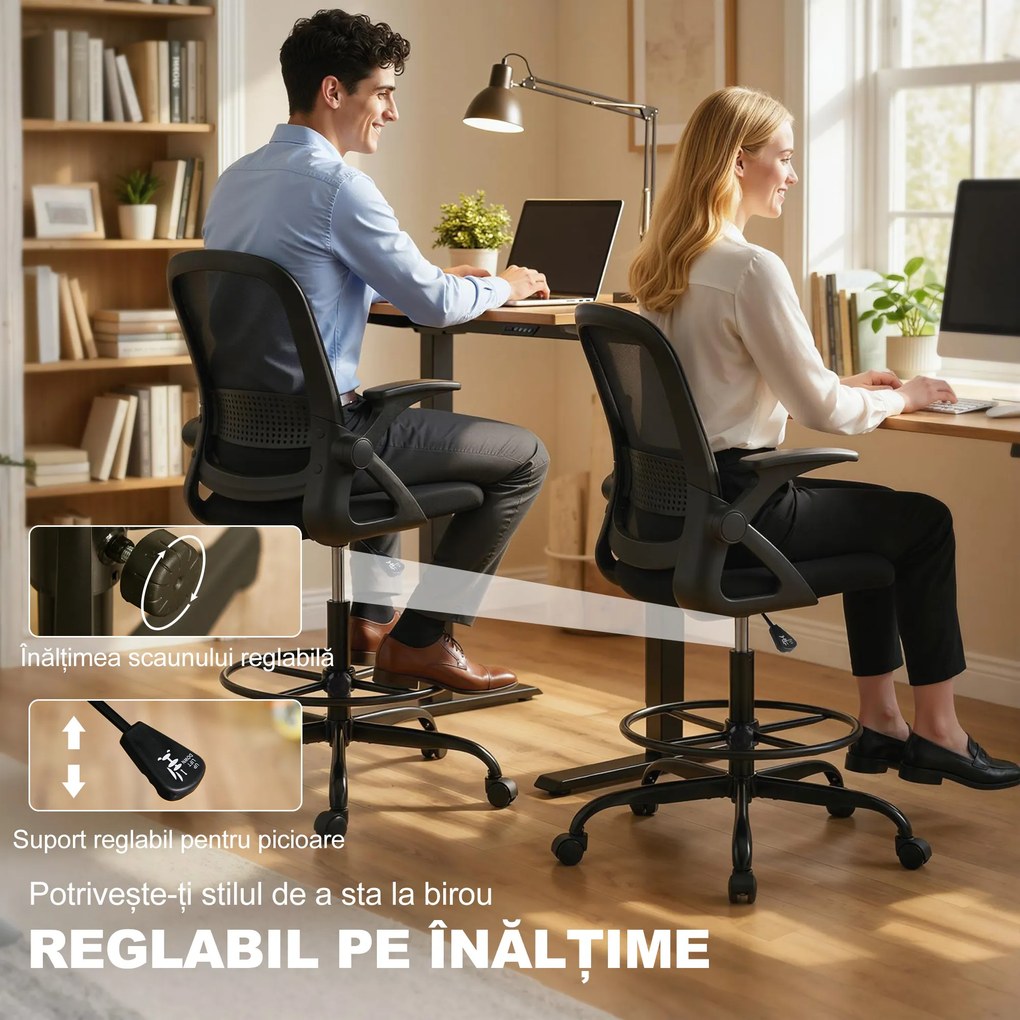 HOMCOM Scaun de Birou Ergonomic, Scaun Rotativ din Plasă, Înălțime Reglabilă și Suport pentru Picioare, Scaun de Birou cu Suport Lombar și Brațe Rabatabile, Capacitate 120kg, Negru | Aosom Romania