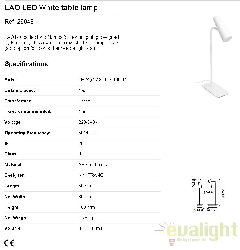 Veioza LED design modern minimalist LAO alb 29048