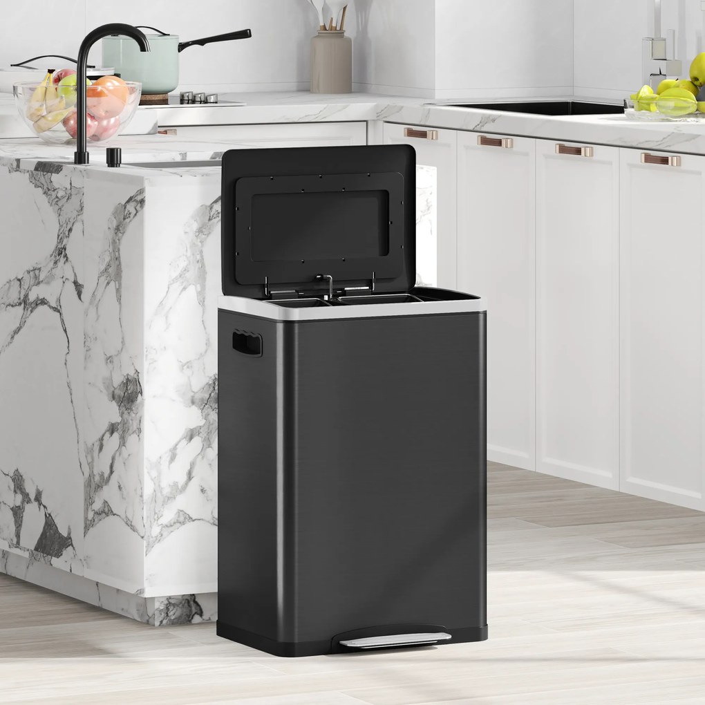 HOMCOM Coș de Gunoi cu 2 Secțiuni de 20L cu Pedală și Capac cu Închidere Moale, din Oțel Inoxidabil și PP, 40x34.8x59 cm, Negru | Aosom Romania