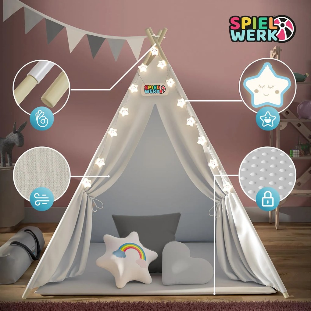Spielwerk Cort tip teepee pentru copii JULIUS, 120x120x160cm, alb/gri