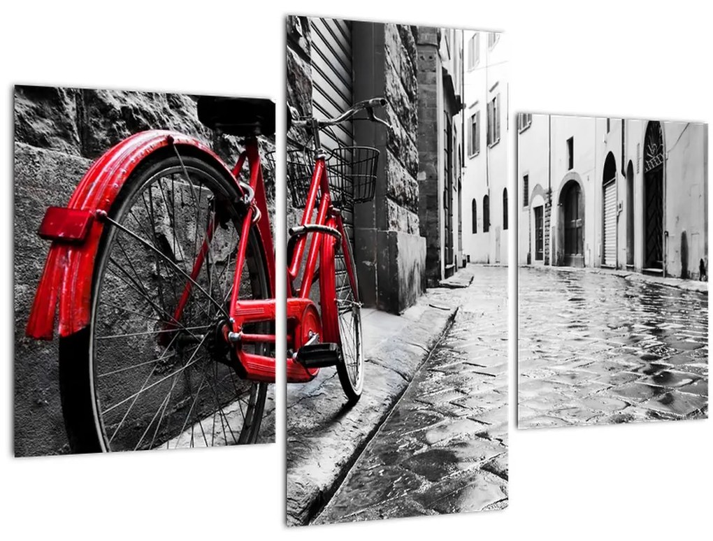 Tablou - Bicicleta roșie pe o stradă pavată (90x60 cm)