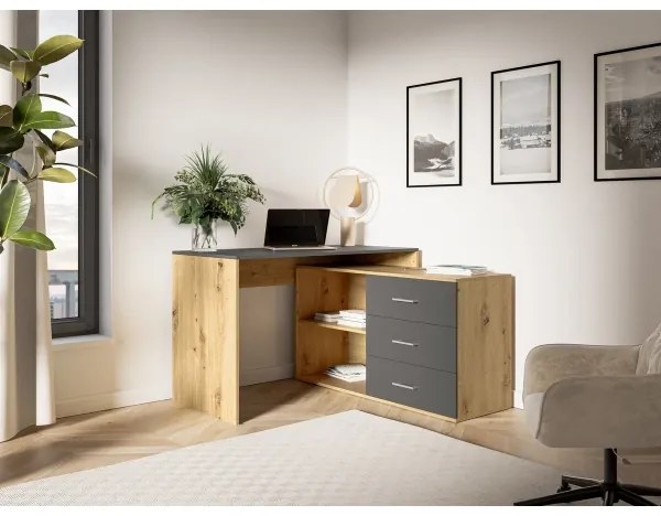 Birou JULES cu sertare și colț reversibil (stânga/dreapta), stejar artisan/antracit