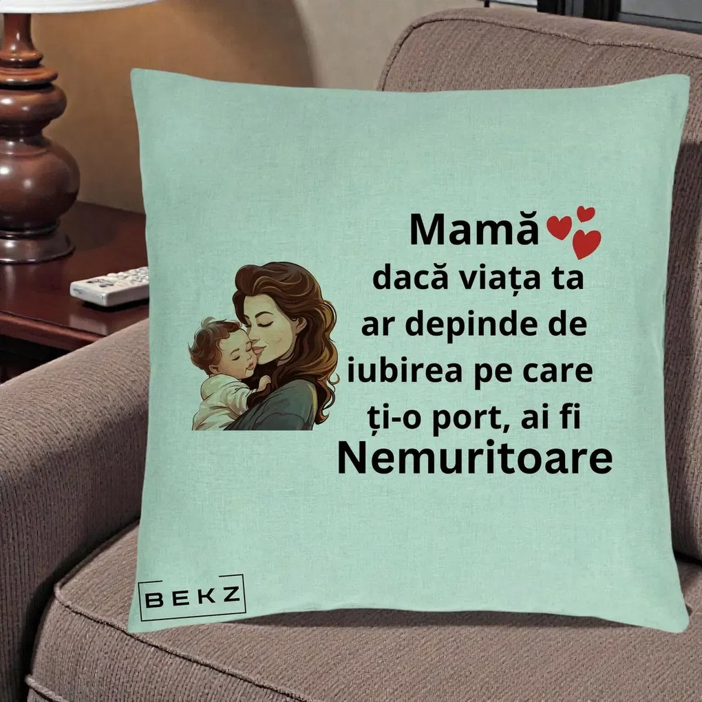 Cadou pentru Mama - Perna Personalizata Mama Nemuritoare cu Bebelus Lineart, 40x40 cm, Verde Menta, Husa Detasabila, Perna Inclusa, BEKZ®