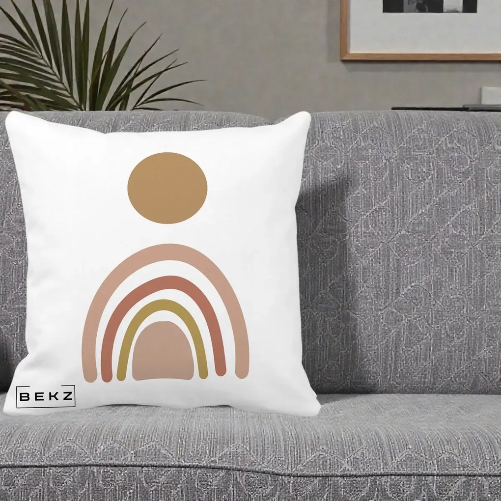 Perna Decorativa Boho Rainbow Sun, 40x40 cm, Alba Mata, Husa Detasabila, Perna Inclusa, BEKZ®