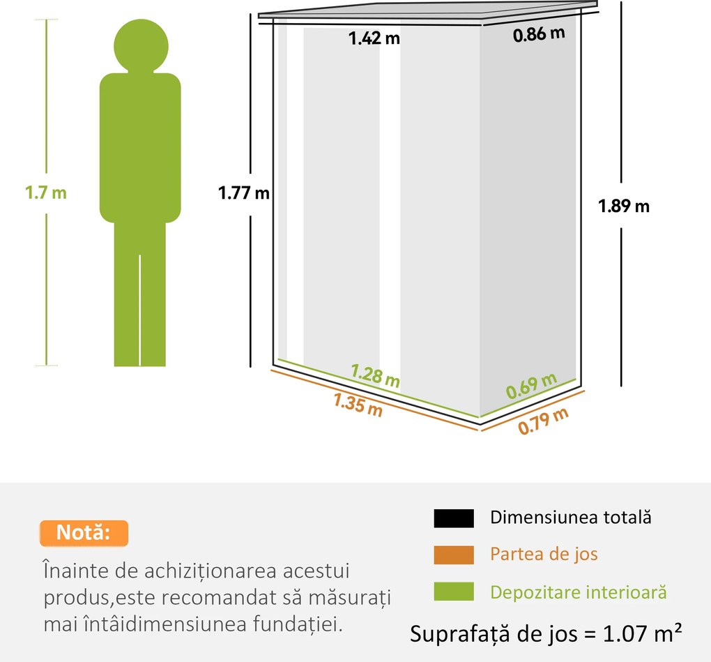 Outsunny Magazie de Grădină 1.07m² din Oțel Zincat, Căsuță pentru Depozitare cu Ușă Blocabilă, Acoperiș Înclinat, 142x86x189 cm, Verde | Aosom Romania